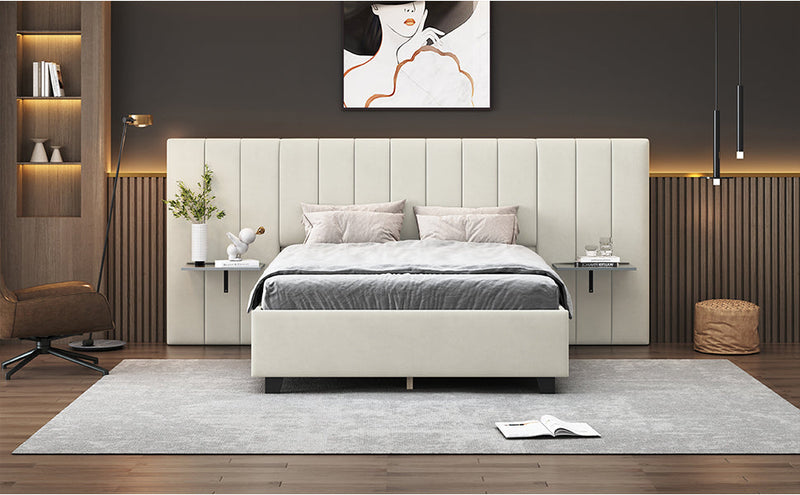 Walker Edison - Full Size Upholstered Platform Bed with Big Headboard, Bedroom Furniture, Velvet, Beige