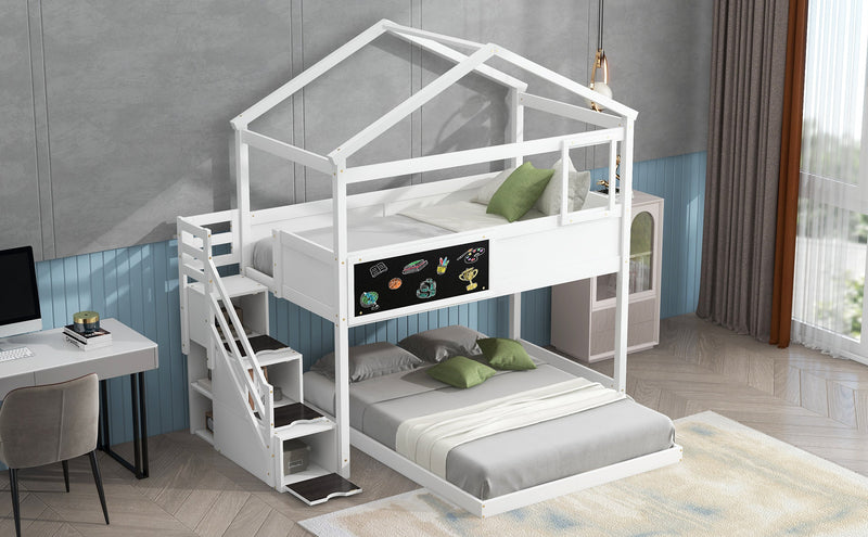 Walker Edison | Twin over Full House Bunk Bed with Storage Staircase and Blackboard, White