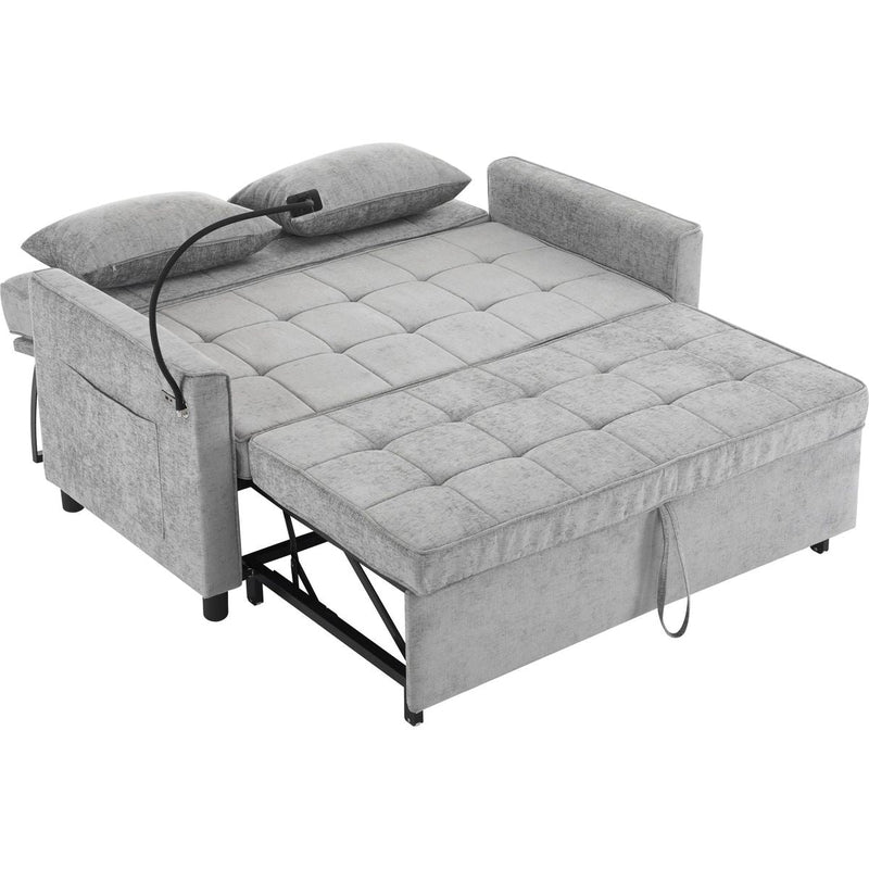 56.9' Loveseat Sofa Pull-out Sofa Bed Sleeper Sofa with a Reversible Backrest Cushion, Side Pockets, Two USB Ports and a Phone Holder for Living Room, Grey