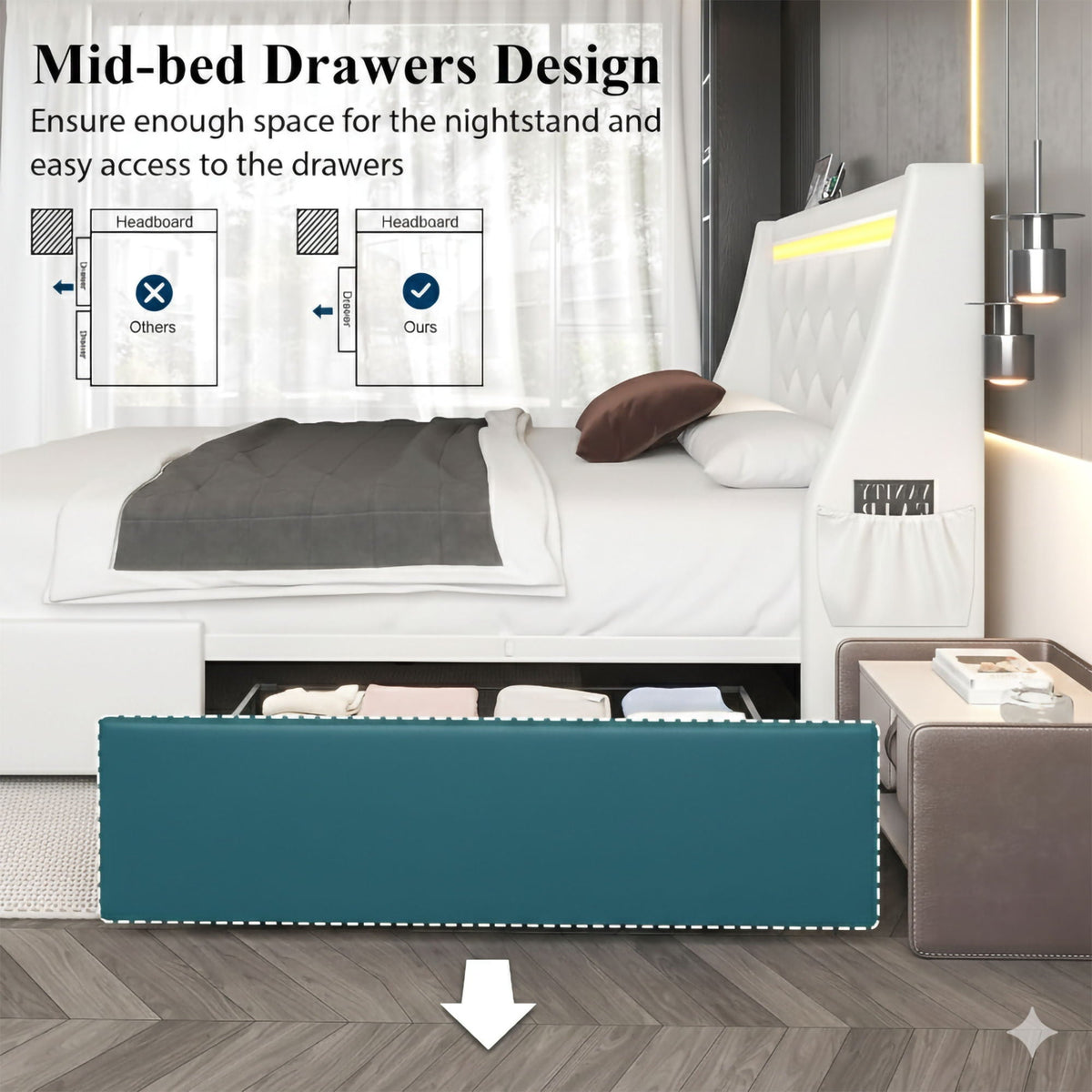 Wingback Upholstered Bed Frame With LED Lights, Charging Station, photo 17 of 40