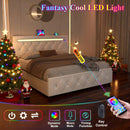 Upholstered Bed Frame With LED Lights, 4 Storage Drawers, Charging Station