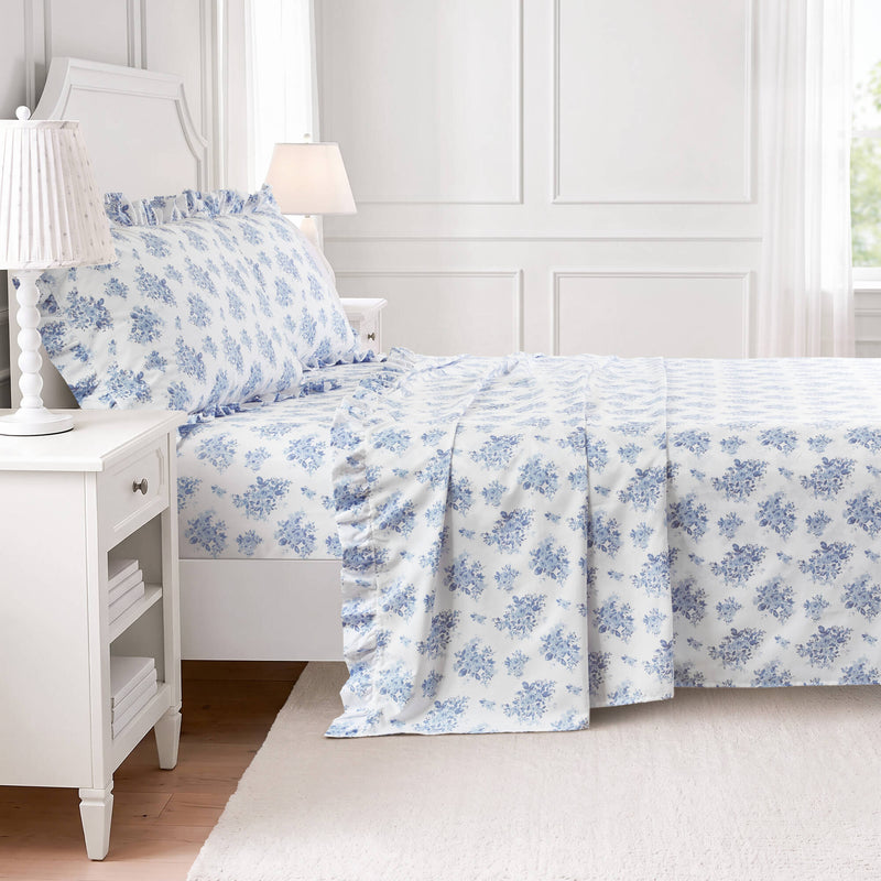 4-Piece King Microfiber Sheet Set with Ruffled Hem, Blue Floral, photo 4 of 10