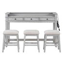4-piece Dining Bar Table Set with 3 Upholstered Stools, Multifunctional Dining Table with 3 Drawers (Gray)