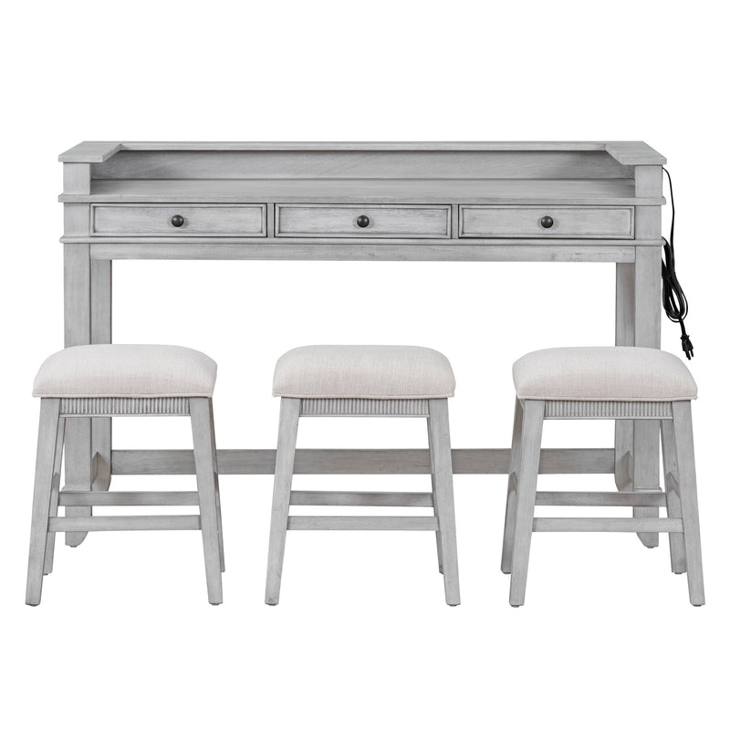4-piece Dining Bar Table Set with 3 Upholstered Stools, Multifunctional Dining Table with 3 Drawers (Gray)
