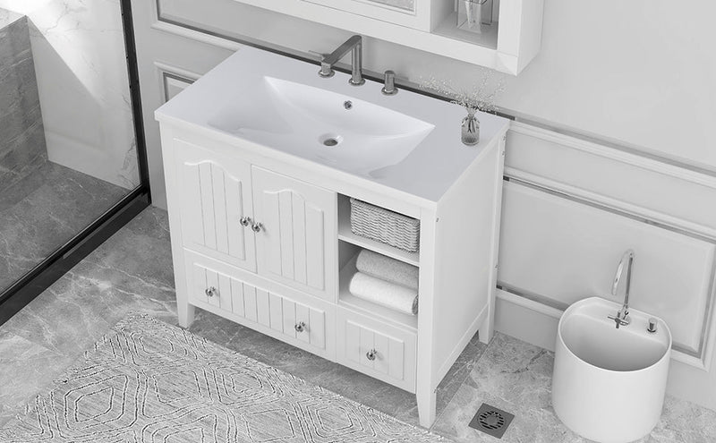 36" Bathroom Vanity with Ceramic Basin, Bathroom Storage Cabinet with Two Doors and Drawers, Solid Frame, Metal Handles, White