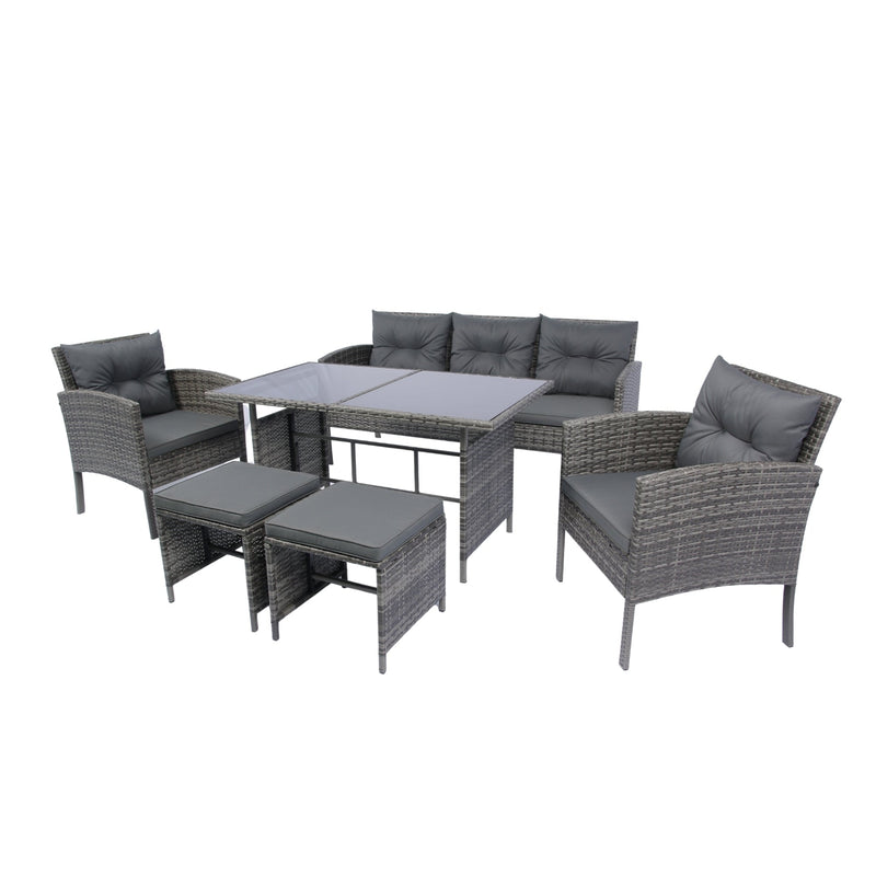 6 Piece Patio Wicker Sectional Set Patio Backyard Conversation Set Grey Wicker + Dark Grey Cushion