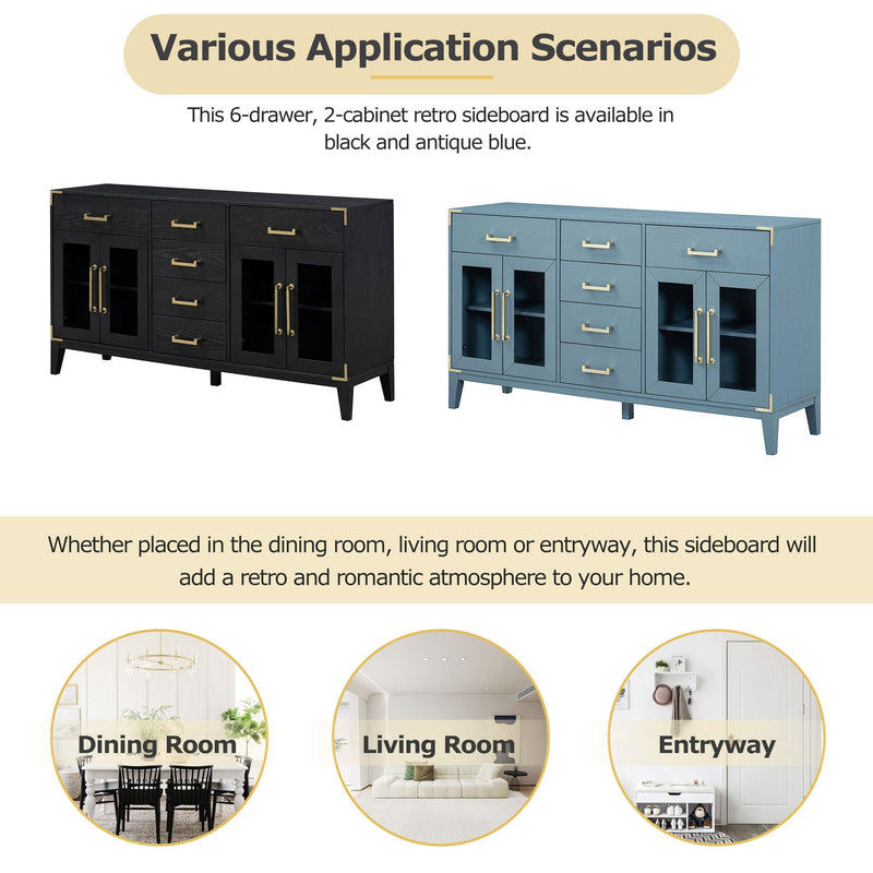 6-drawer and 2-Cabinet Retro Sideboard with Extra Large Storage Space, with Gold Handles and Solid Wood Legs, for Kitchen and Living Room (Black)