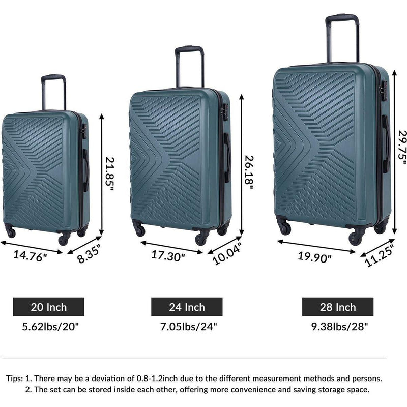 3 Piece Luggage Sets ABS Lightweight Suitcase with Two Hooks, Spinner Wheels, TSA Lock, (20/24/28), DARK GREEN