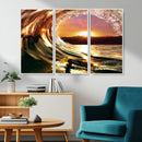 Golden Wave Sunset Triptych Canvas Art, Giclee Canvas Print