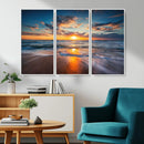 Sunset on the Ocean Beach with Waves, Reflections on Sand,