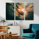 Ocean Wave Sunset Canvas Wall Art – Triptych Seascape Print