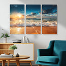 Golden Sunset Beach Triptych Canvas Art, Giclee Coastal Wall