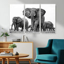Black White Elephant Family Wall Art Canvas Print