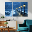 Stormy Ocean Pier Lights Canvas Wall Art Print - Large Moody
