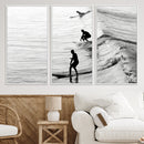 Surfers on Waves Wall Art Canvas Print – Framed Black and