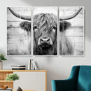 Black White Highland Cow Wall Art Canvas Print