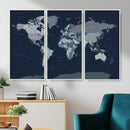 Blue Detailed World Map Wall Art Canvas Print, Modern Framed