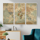 World Map Wall Art Canvas Print, Rustic Map Print, Framed