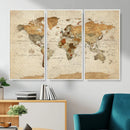 Vintage World Map Canvas Print – Framed Rustic Detailed Map