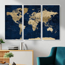 Navy Blue World Map Canvas Print – Detailed Map Minimal Navy
