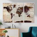 World Map Canvas Triptych – Colorful Global Wall Art for