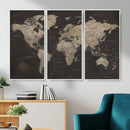 World Map Canvas Wall Art Dark Charcoal Antique Tan Detailed