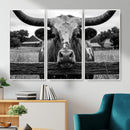 Black White Texas Longhorn Bull Canvas Wall Art, Western Ranch Cattle Photography Print, Rustic Farmhouse Cowboy Decor Artwork