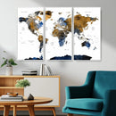 Modern Abstract World Map Canvas Wall Art – Framed Blue and