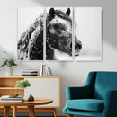 Winter Horse Canvas Print | Large 3-Panel Black White Equine