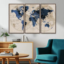 Vintage Blue World Map Canvas Wall Art – Antique Style