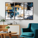 Blue and Gold Abstract Canvas Wall Art – Triptych Modern