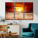 Red Sunset Ocean Beach Canvas Wall Art Beach Canvas, Coastal