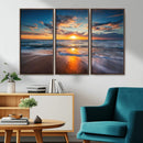 Sunset on the Ocean Beach with Waves, Reflections on Sand,