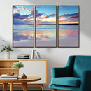 Tranquil Pastel Sunset Beach Triptych Canvas Art, Soothing