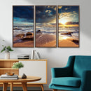 Golden Hour Beach Sunset Canvas Triptych, Ocean Waves and