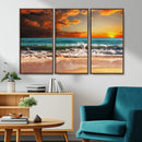 Golden Sunset Beach Canvas Wall Art – Triptych Seascape