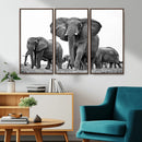 Black White Elephant Family Wall Art Canvas Print