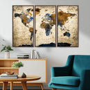 World Map Wall Art – Antique Style Blue and Brown Map Canvas
