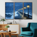 Stormy Ocean Pier Lights Canvas Wall Art Print - Large Moody