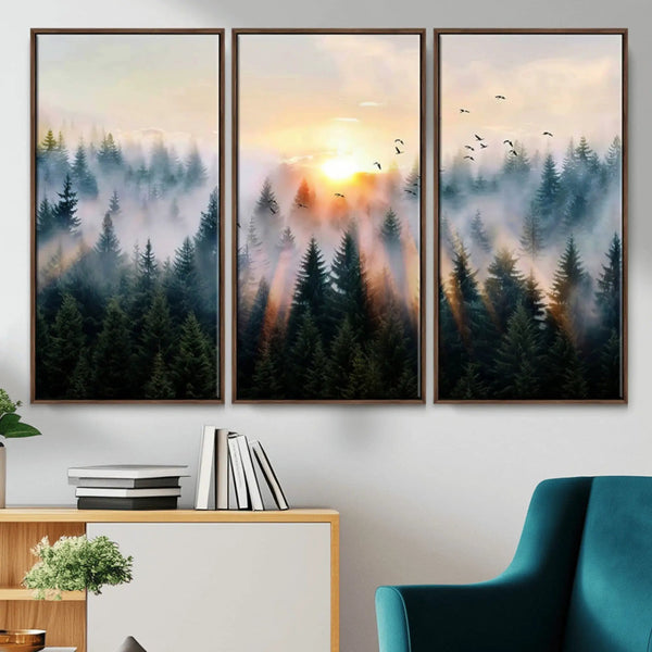 Misty Forest Wall Art – Framed Sunrise Pines Canvas Artwork,