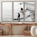 Surfers on Waves Wall Art Canvas Print – Framed Black and