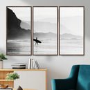 Surfer Beach Wall Art – Framed Black White Ocean Canvas