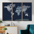 Blue Detailed World Map Wall Art Canvas Print, Modern Framed