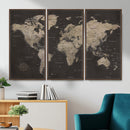 World Map Canvas Wall Art Dark Charcoal Antique Tan Detailed