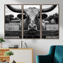 Black White Texas Longhorn Bull Canvas Wall Art, Western Ranch Cattle Photography Print, Rustic Farmhouse Cowboy Decor Artwork