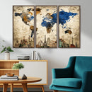 World Map Canvas Print – Vintage Blue and Gold World Map