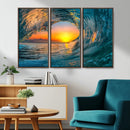 Ocean Wave Sunset Wall Art | Large Coastal Wave Canvas Print