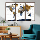 Modern Abstract World Map Canvas Wall Art – Framed Blue and