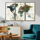 Vintage World Map Wall Art Canvas Print, Framed Rustic Earth