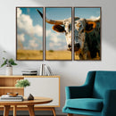 Longhorn in the Prairie - Stunning Ranch-Style Triptych Wall